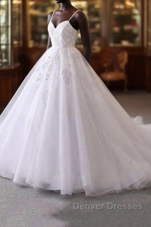 Spaghetti Straps Lace Tulle Ruffles Wedding Dress