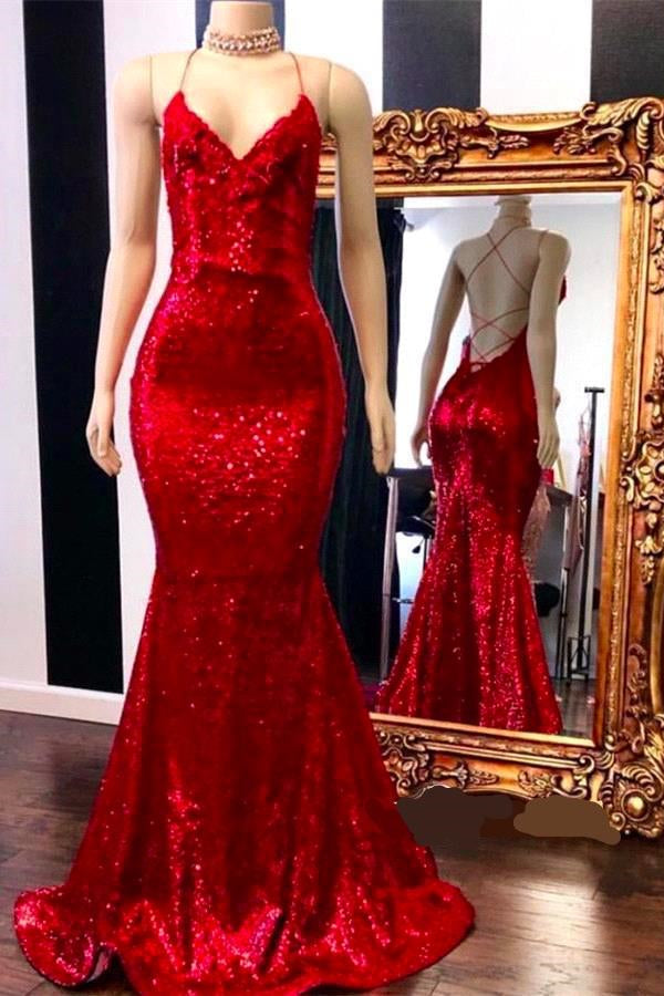 Spaghetti Straps Lace-Up Red Sequins V-Neck Mermaid Prom Dresses Main image