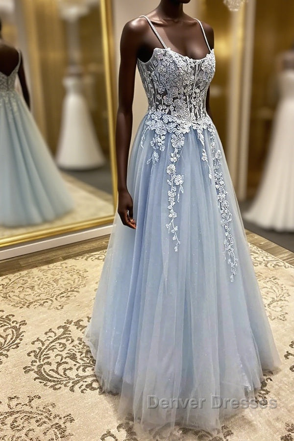 Spaghetti Straps Light Blue Lace Prom Dress, Light Blue Lace Formal Evening Dress Main image