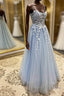 Spaghetti Straps Light Blue Lace Prom Dress, Light Blue Lace Formal Evening Dress