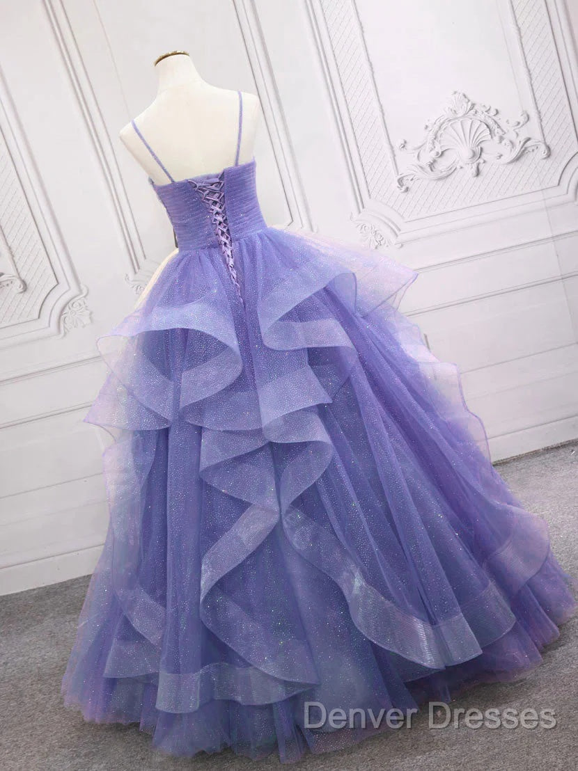 Spaghetti Straps Light Purple Long Prom Dress A Line Layered Birthday Party Dress