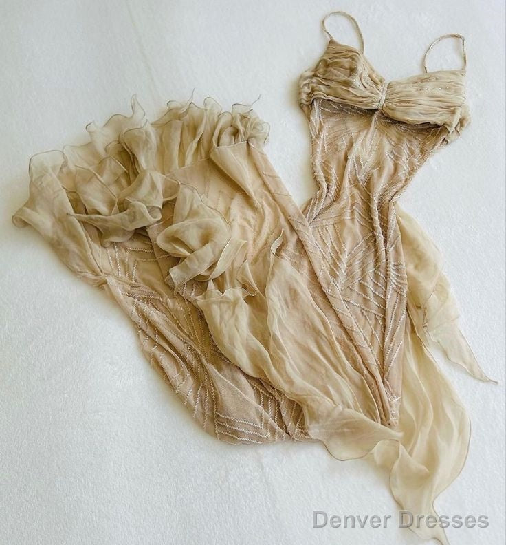 Spaghetti Straps Long Evening Prom Dresses Champagne Dresses Main image