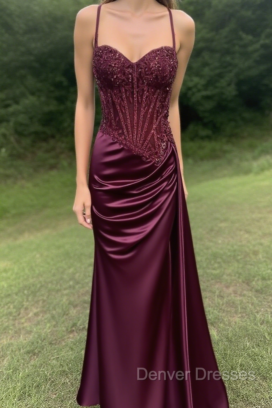 Spaghetti Straps Mermaid Prom Dress Appliqued Corset Prom Dress With Split