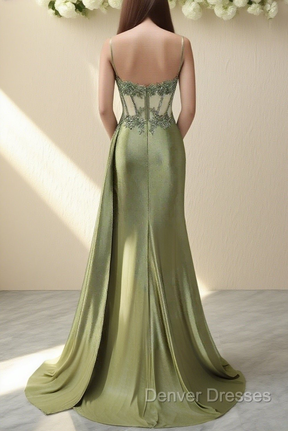 Spaghetti Straps Mermaid Prom Dress Appliqued Corset Prom Dress With Split Secondary image