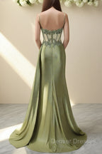 Spaghetti Straps Mermaid Prom Dress Appliqued Corset Prom Dress With Split