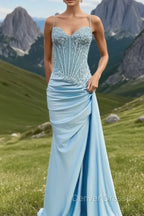 Spaghetti Straps Mermaid Prom Dress Appliqued Corset Prom Dress With Split