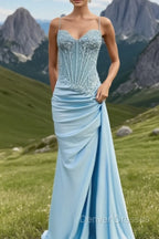 Spaghetti Straps Mermaid Prom Dress Appliqued Corset Prom Dress With Split
