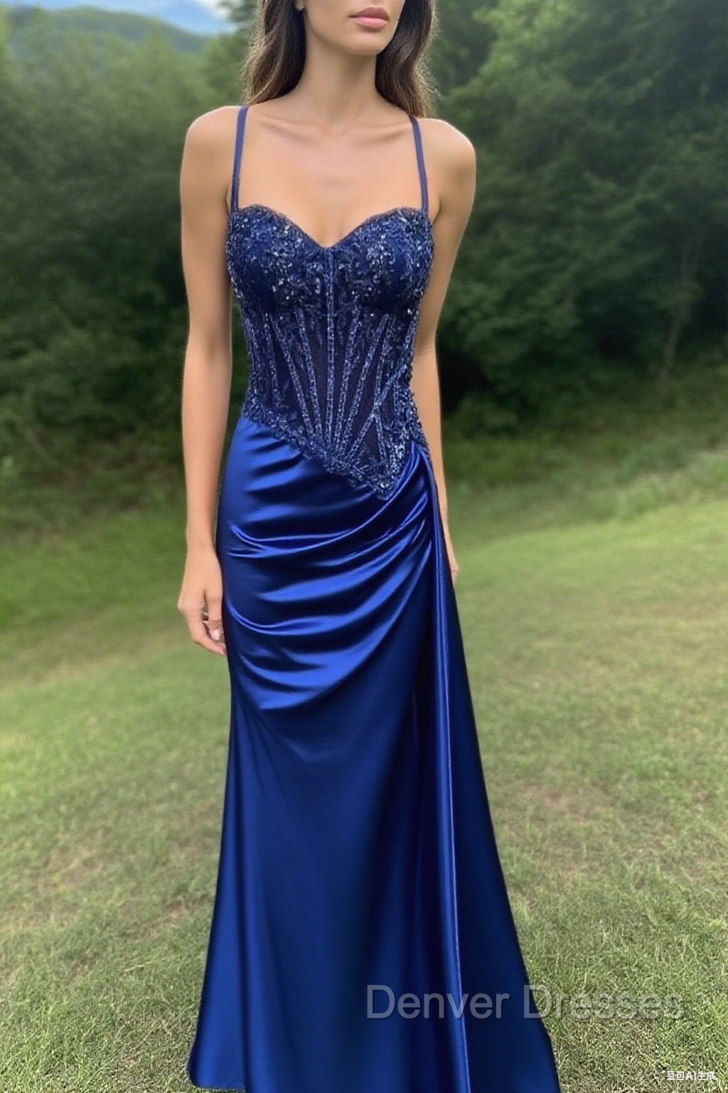 Spaghetti Straps Mermaid Prom Dress Appliqued Corset Prom Dress With Split