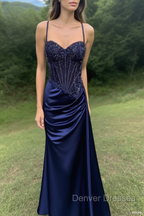 Spaghetti Straps Mermaid Prom Dress Appliqued Corset Prom Dress With Split