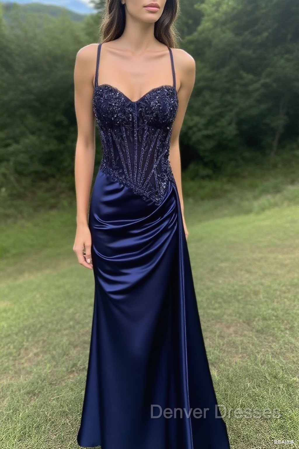 Spaghetti Straps Mermaid Prom Dress Appliqued Corset Prom Dress With Split