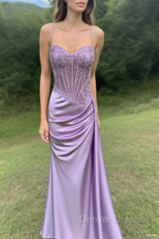 Spaghetti Straps Mermaid Prom Dress Appliqued Corset Prom Dress With Split