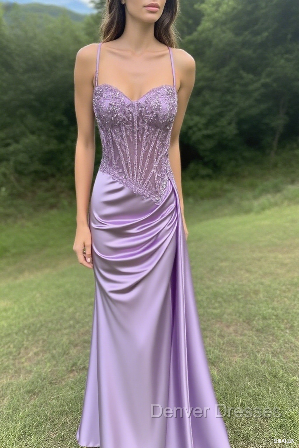 Spaghetti Straps Mermaid Prom Dress Appliqued Corset Prom Dress With Split