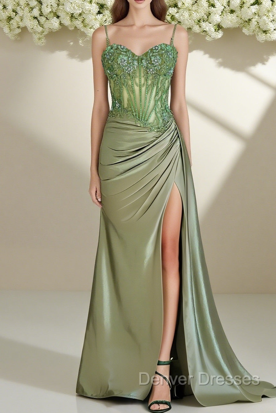 Spaghetti Straps Mermaid Prom Dress Appliqued Corset Prom Dress With Split Main image