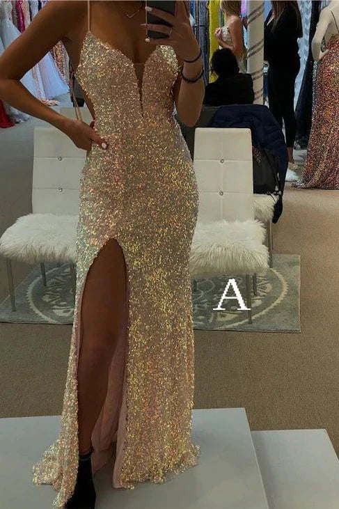 Spaghetti Straps Mermaid Prom Dress, Sparkly Sequins Slit Long Formal Gown Main image