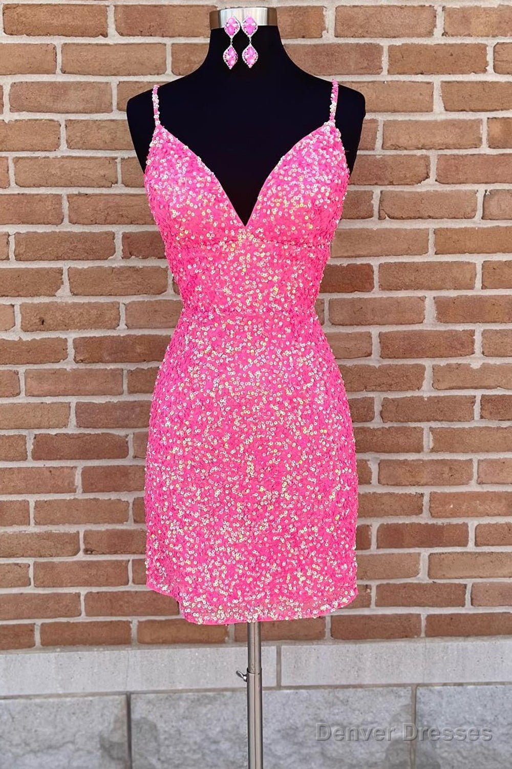 Spaghetti Straps Pink Sequins Short Homecoming Dress with Criss Cross Back Main image