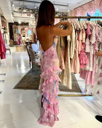 Dreamy Elegant Spaghetti Strap Pink Layered Ruffle Maxi Dress Long Chiffon Evening Gown Prom Dress