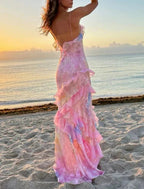 Dreamy Elegant Spaghetti Strap Pink Layered Ruffle Maxi Dress Long Chiffon Evening Gown Prom Dress