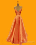Spaghetti Straps Prom Dress Long Satin V Neck