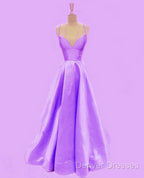 Spaghetti Straps Prom Dress Long Satin V Neck