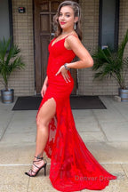 Spaghetti Straps Red Long Prom Dress with Appliques