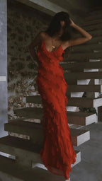 Spaghetti Straps Red Long Prom Dress,Ruffles Sheath Evening Formal Gown