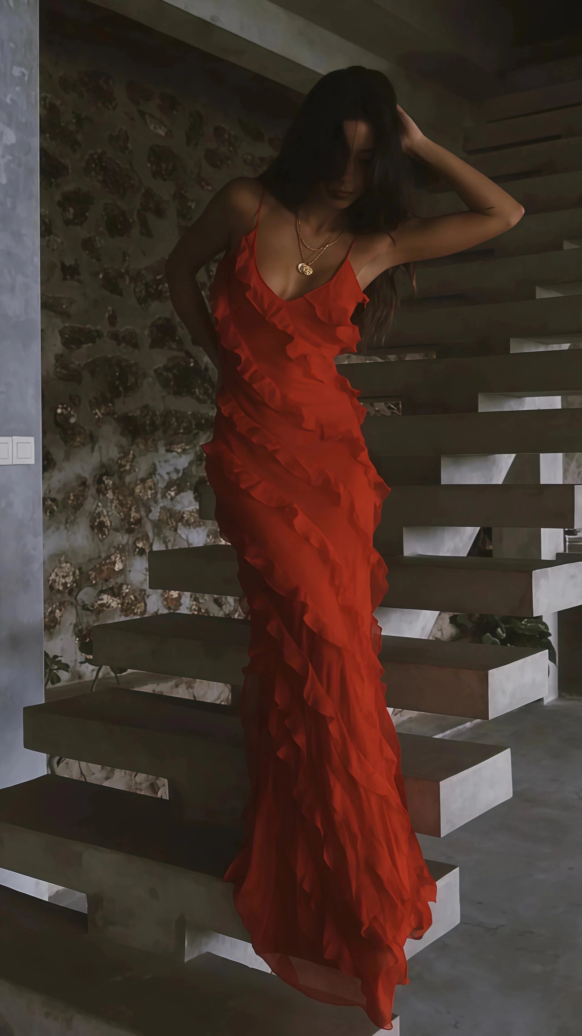 Spaghetti Straps Red Long Prom Dress,Ruffles Sheath Evening Formal Gown