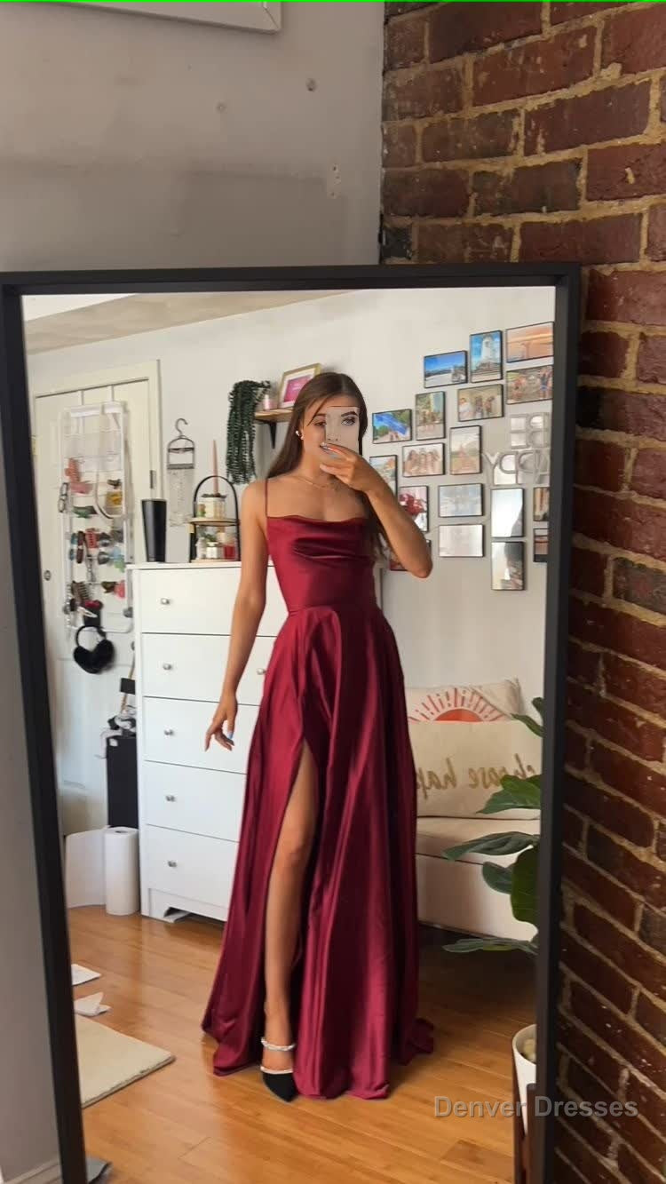 Spaghetti Straps Red Long Prom Dresses,Satin A-Line Evening Gown with Slit Secondary image