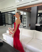 Spaghetti Straps Red Sheath Long Prom Dress With Slit