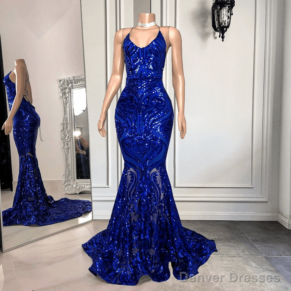 Spaghetti-Straps Royal Blue Long Mermaid Prom Dress With Sequins Main image