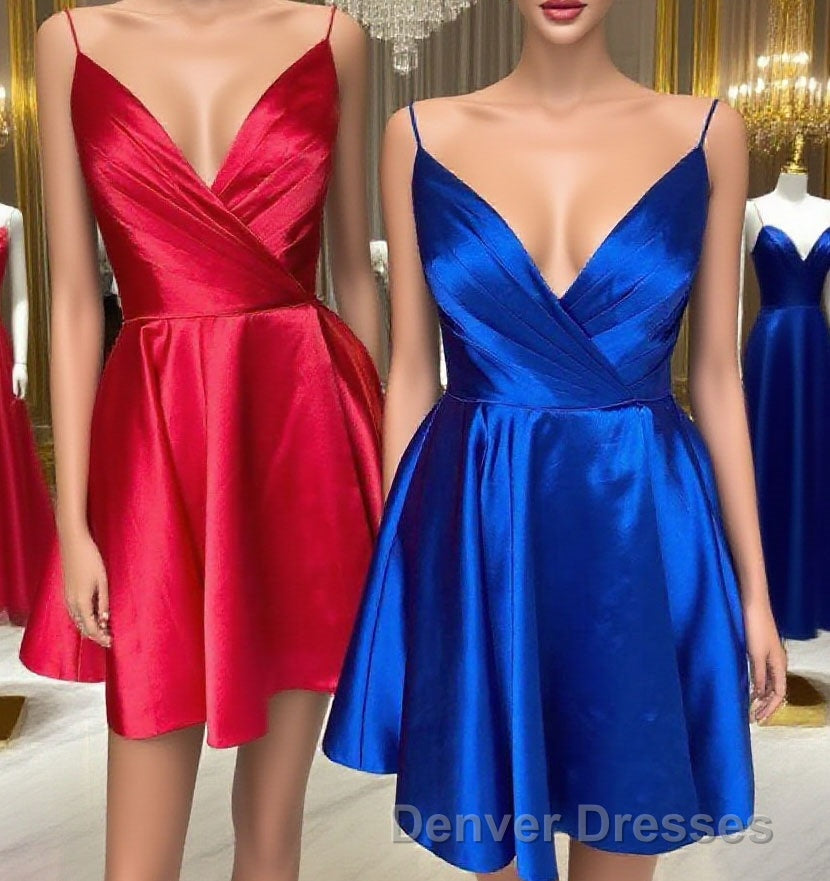 Spaghetti Straps Satin Homecoming Dress,Mini Prom Dress