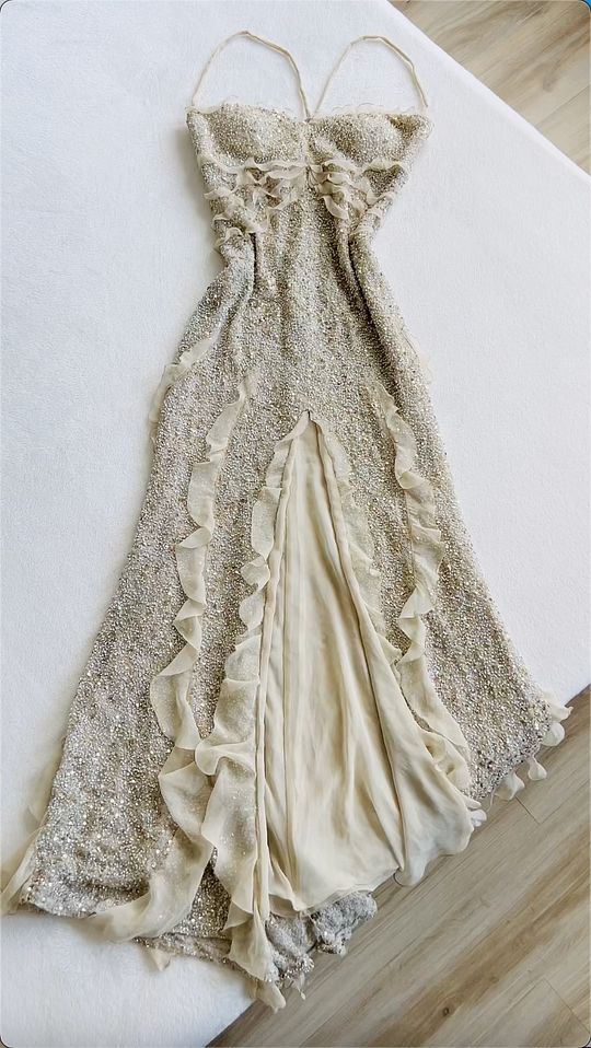 Spaghetti Straps Sequin Long Evening Prom Dress With Slit