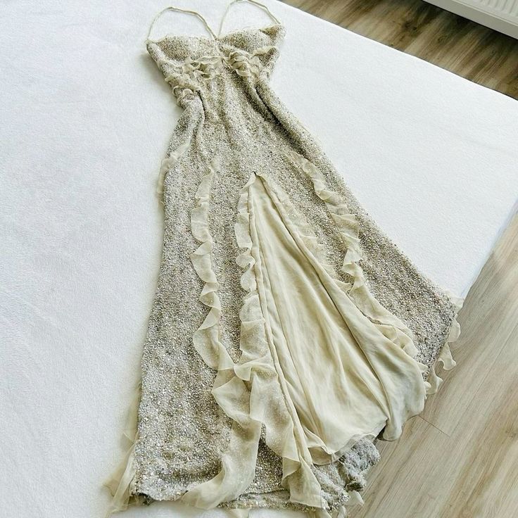 Spaghetti Straps Sequin Long Evening Prom Dress With Slit
