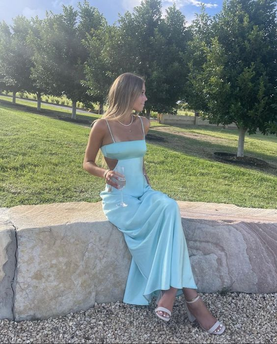 Spaghetti Straps Sheath Light Blue Prom Dress Formal Satin Party Dress Main image