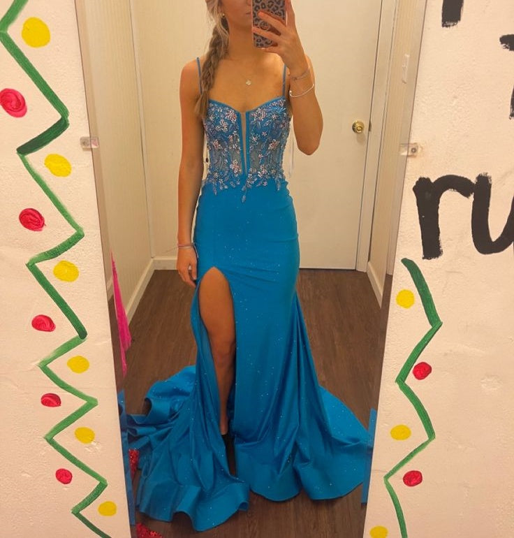 Blue Spaghetti Strap Gorgeous Exquisite Beaded Bodycon Long Satin High Slit Ball Gown Evening Dress Main image