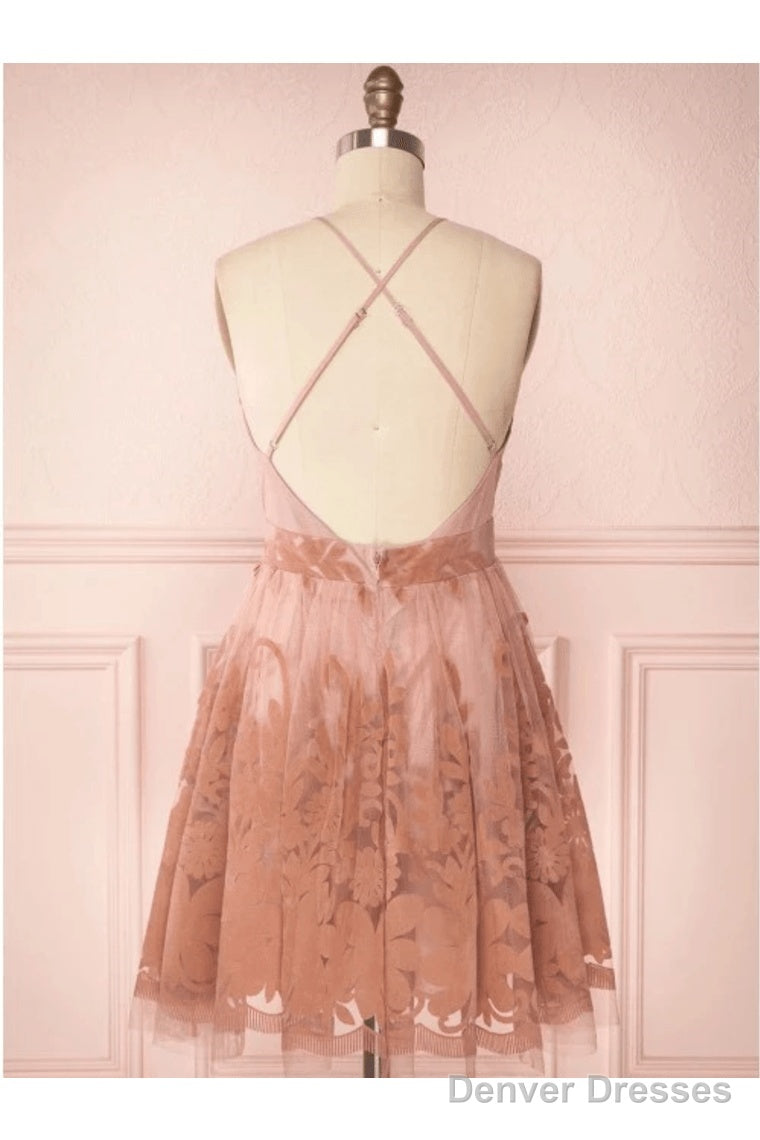 Spaghetti Straps Short Pink Homecoming Dress Criss Cross Back