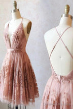Spaghetti Straps Short Pink Homecoming Dress Criss Cross Back