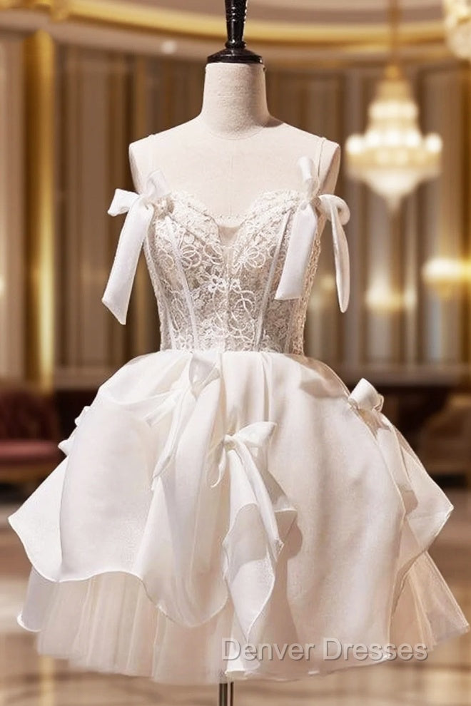 Spaghetti Straps Short Prom Dress with Lace, Homecoming Gown with Bowknot