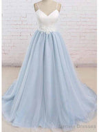 Spaghetti Straps Sweep Train Backless Light Blue Tulle Prom Dress Evening Dress