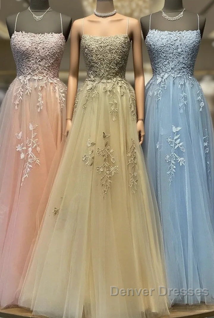 Spaghetti Straps Tulle Appliques Gold Prom Formal Dress Main image