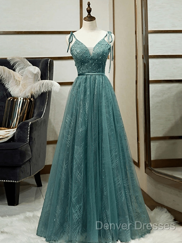 Spaghetti Straps Tulle Modest A Line Evening Dress Long Prom Dress