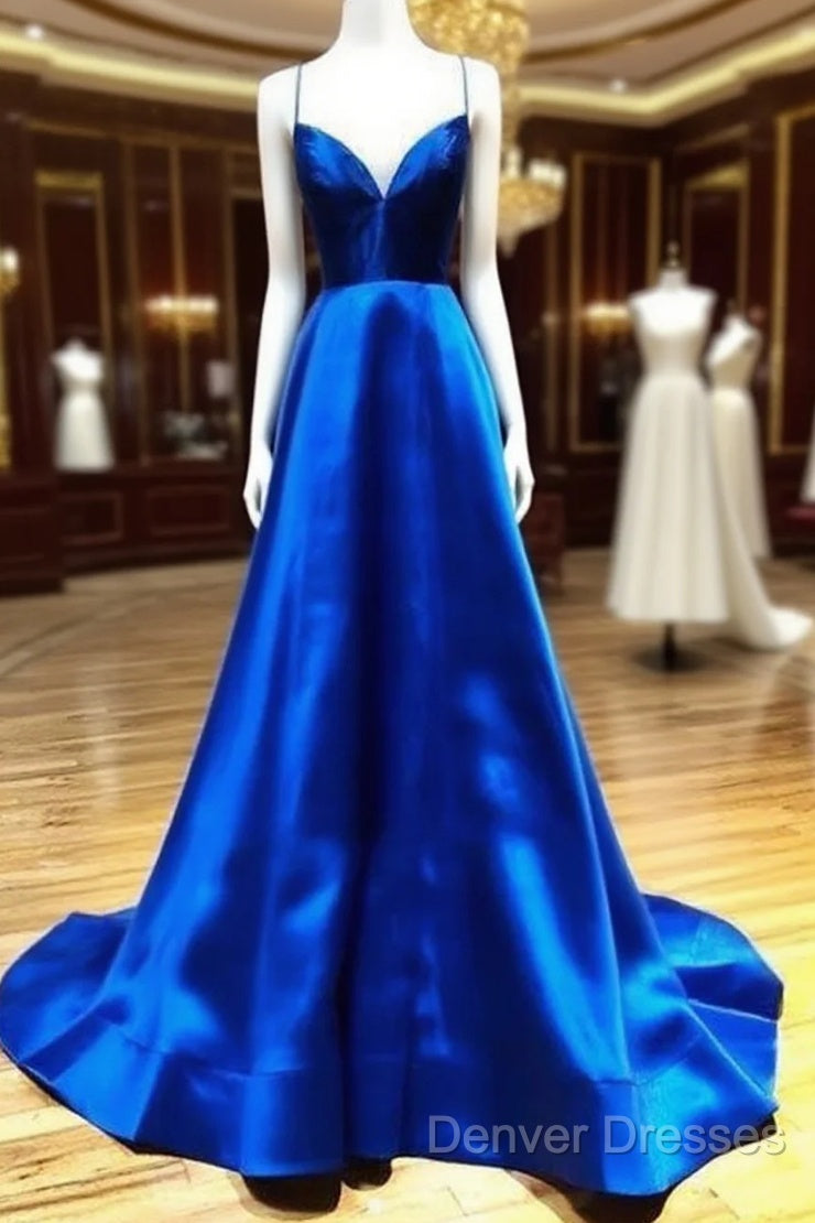 Spaghetti Straps V-Neck A-Line Royal Blue Prom Dress, Main image