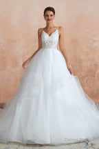 Spaghetti Straps V-neck Lace Organza Tiered A-line Wedding Dresses