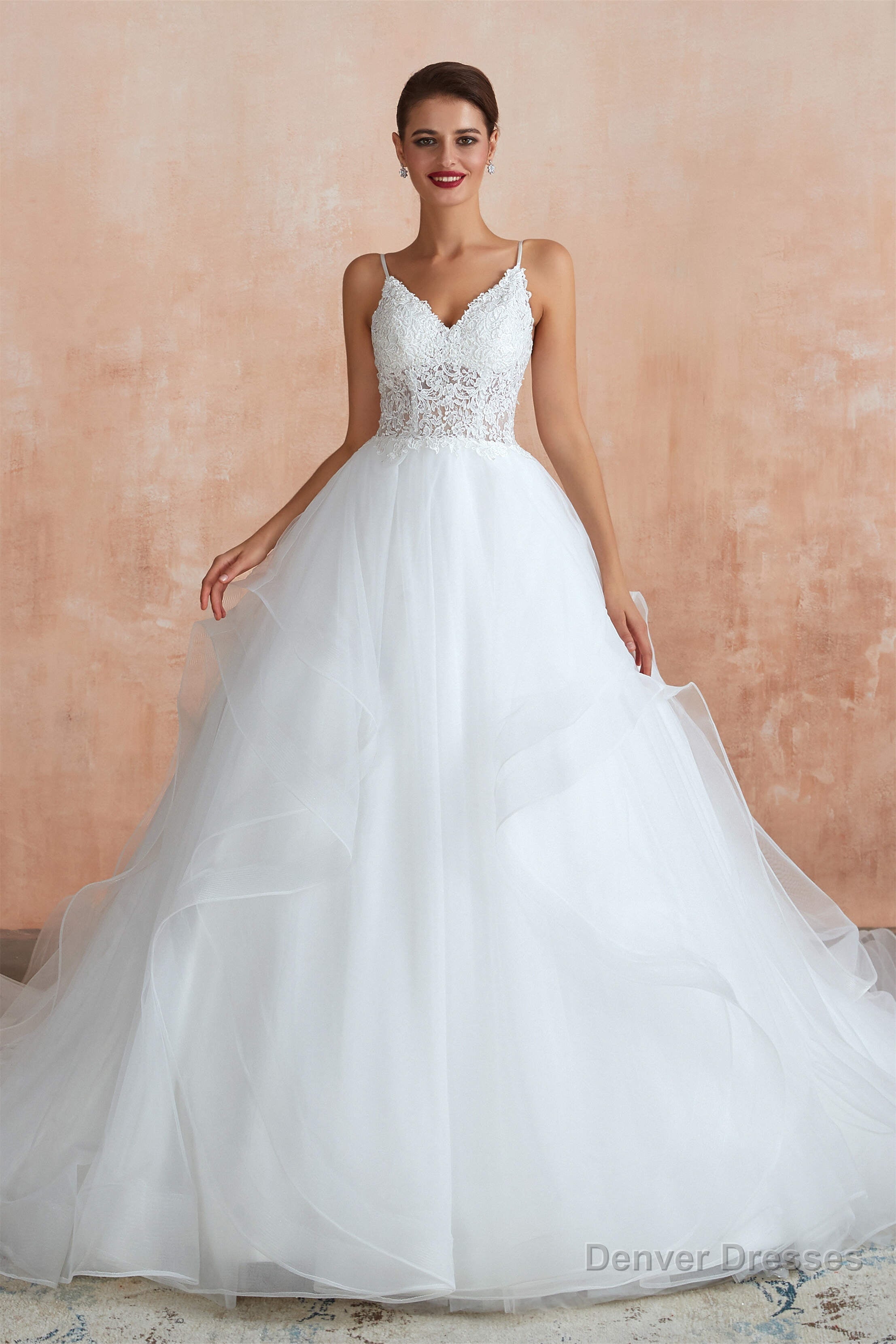 Spaghetti Straps V-neck Lace Organza Tiered A-line Wedding Dresses