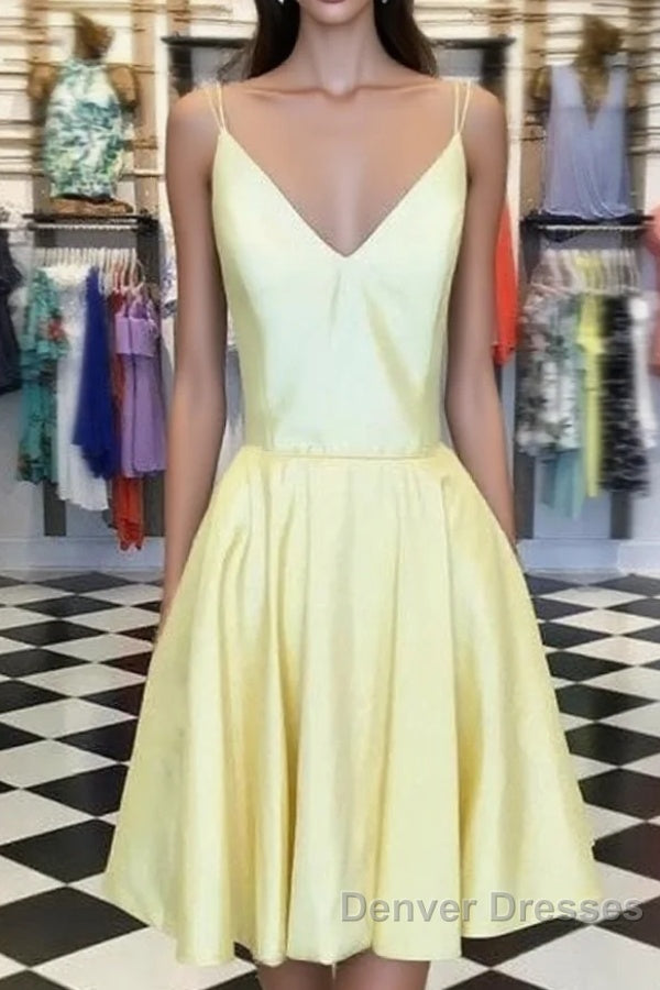 Spaghetti Straps V-Neck Satin Homecoming Dress Short Mini Cocktail Dress