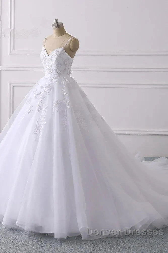 Spaghetti-Straps V-Neck Wedding Dress With Lace Appliques