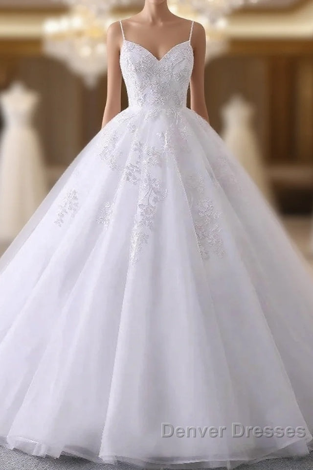 Spaghetti-Straps V-Neck Wedding Dress With Lace Appliques Main image