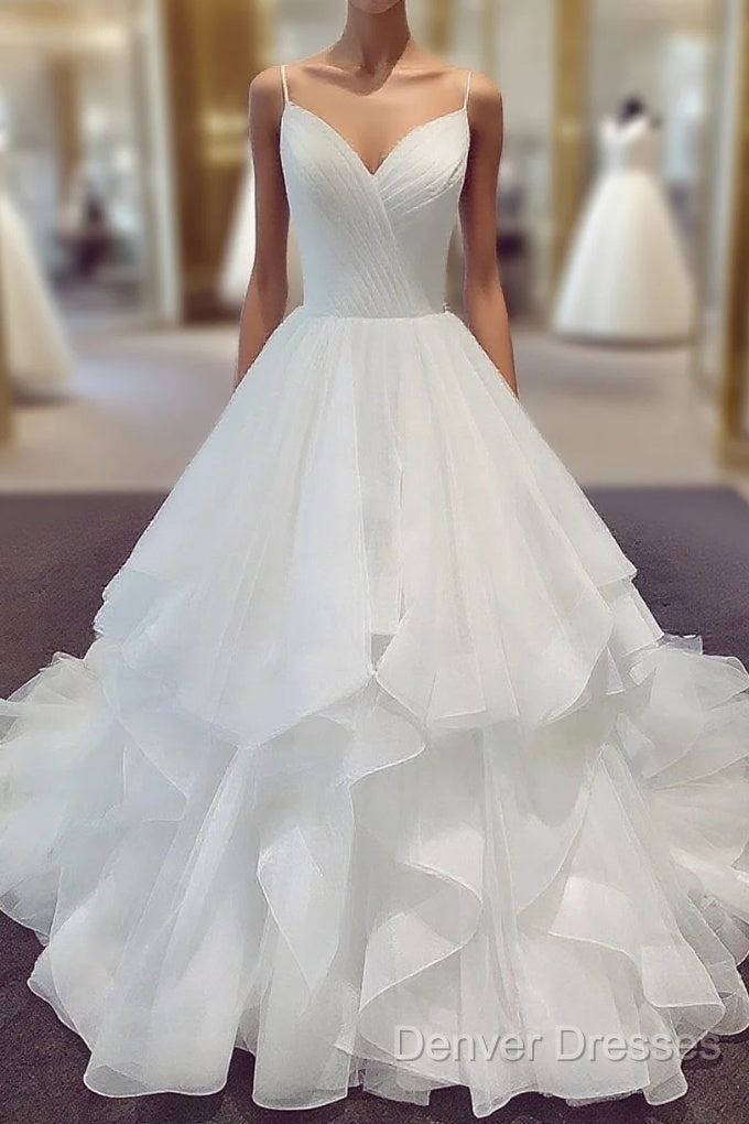 Spaghetti Straps V Neck White Wedding Dress, V Neck White Puffy Wedding Gown, Bridal Dress