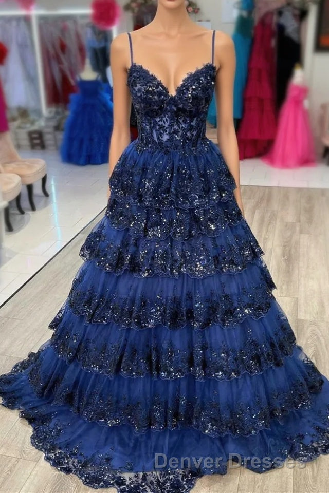 Spaghetti Straps White Layered A-Line Prom Dress with Sequin Main image