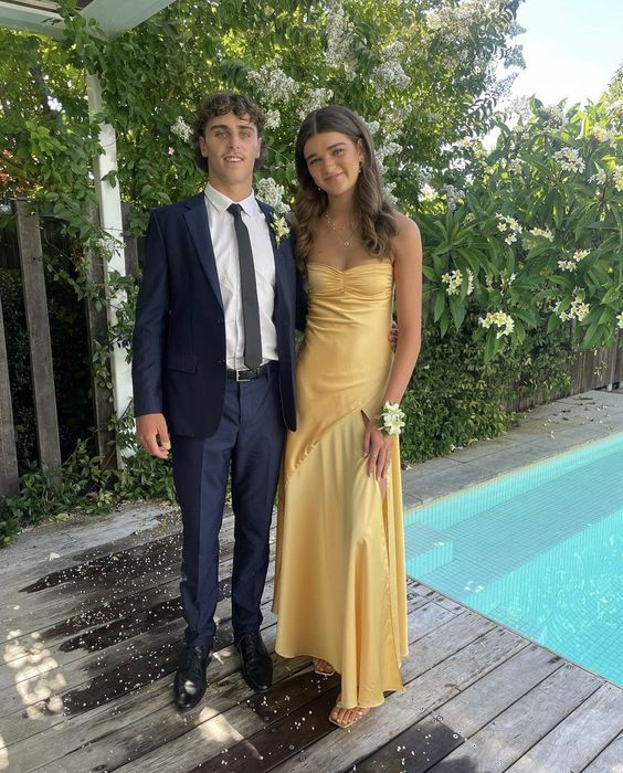 Spaghetti Straps Yellow Long Sheath Prom Dress With Slit