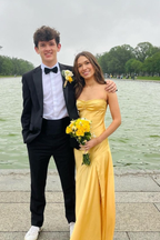 Spaghetti Straps Yellow Long Sheath Prom Dress With Slit